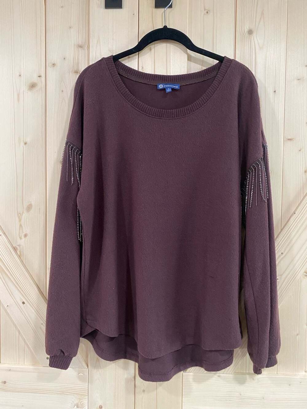 Democracy Burgundy Rhinestone Chain Fringe Sleeve Sweatshirt Size L